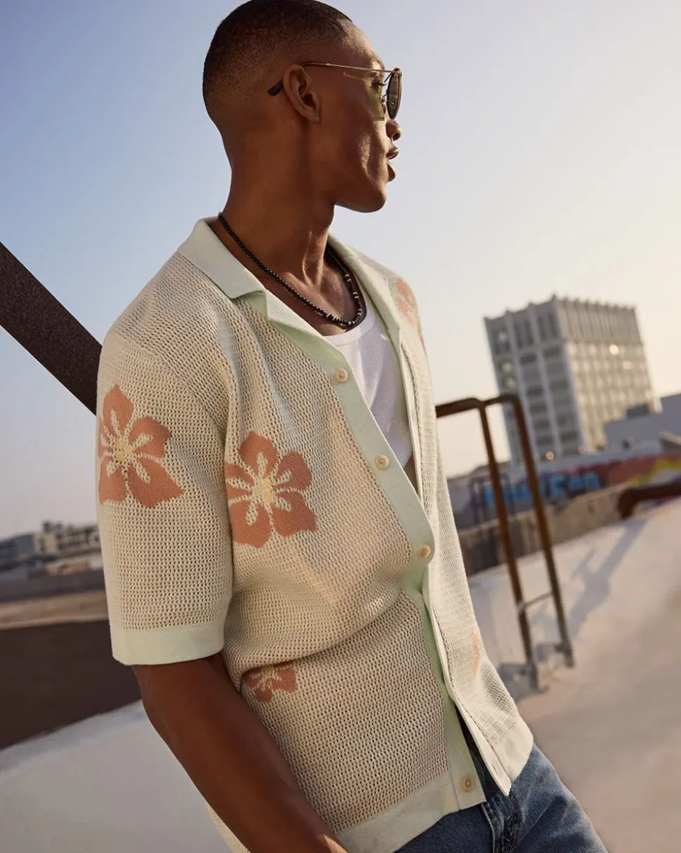 Short-Sleeve Floral Sweater with Camp Collar