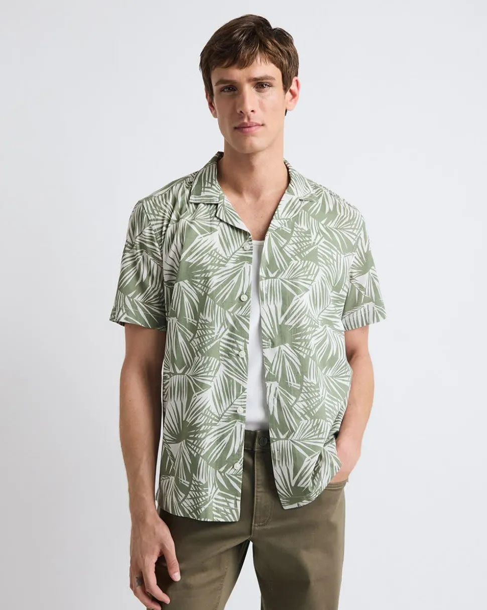 Short-Sleeve Foliage Shirt with Camp Collar