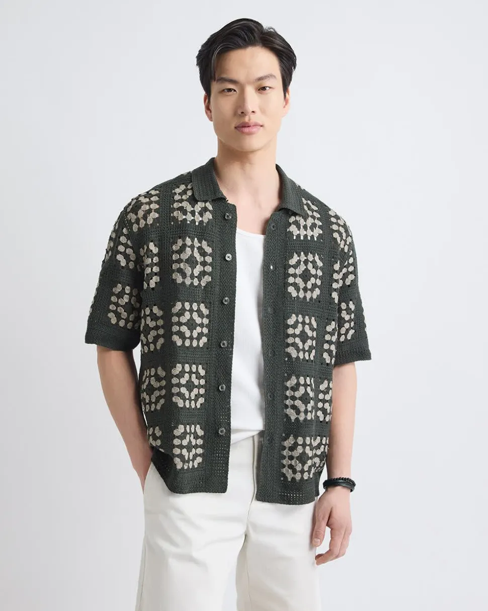 Short-Sleeve Granny-Stitch Sweater Shirt