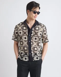 Short-Sleeve Granny-Stitch Shirt with Camp Collar