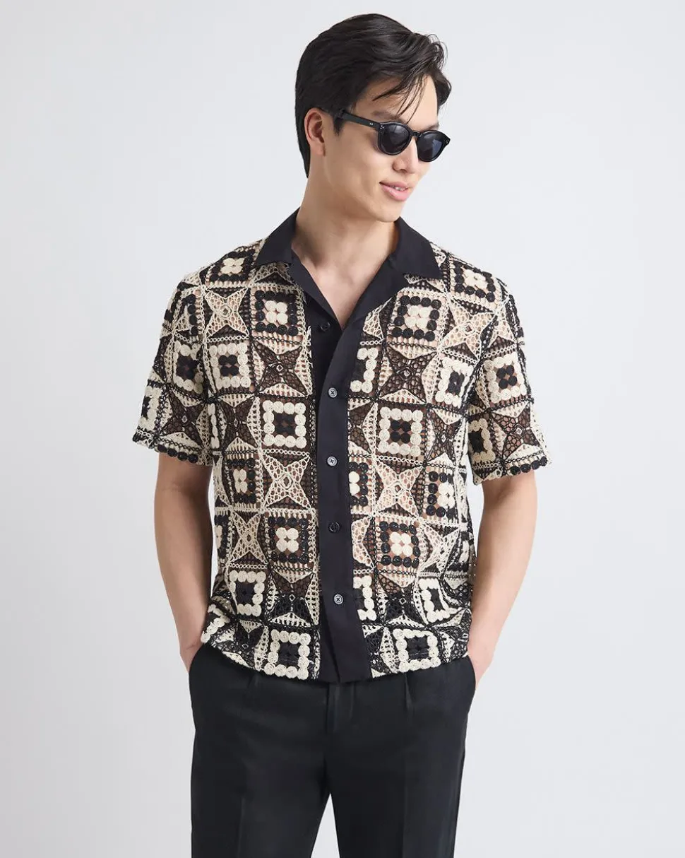 Short-Sleeve Granny-Stitch Shirt with Camp Collar
