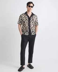 Short-Sleeve Granny-Stitch Shirt with Camp Collar