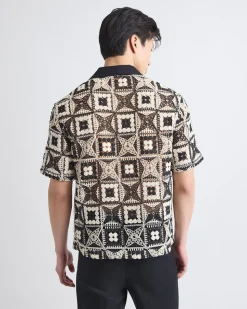 Short-Sleeve Granny-Stitch Shirt with Camp Collar