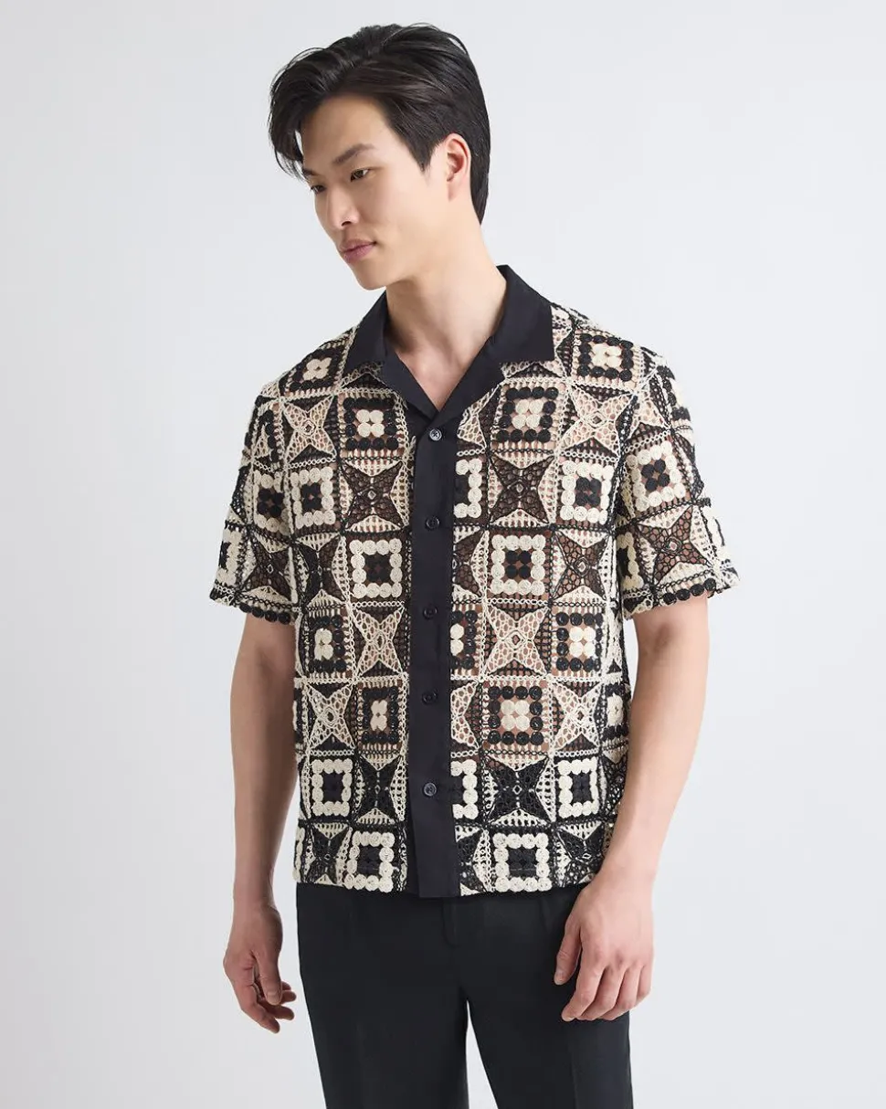 Short-Sleeve Granny-Stitch Shirt with Camp Collar