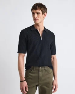 Short-Sleeve Half-Zip Textured Sweater with Shirt Neckline