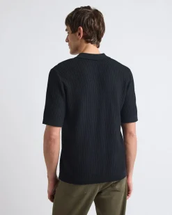 Short-Sleeve Half-Zip Textured Sweater with Shirt Neckline