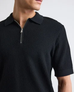 Short-Sleeve Half-Zip Textured Sweater with Shirt Neckline