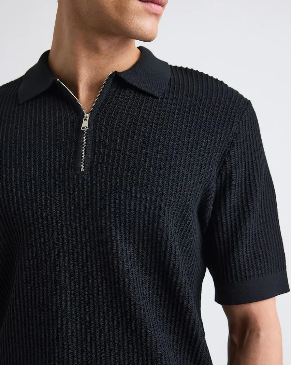 Short-Sleeve Half-Zip Textured Sweater with Shirt Neckline