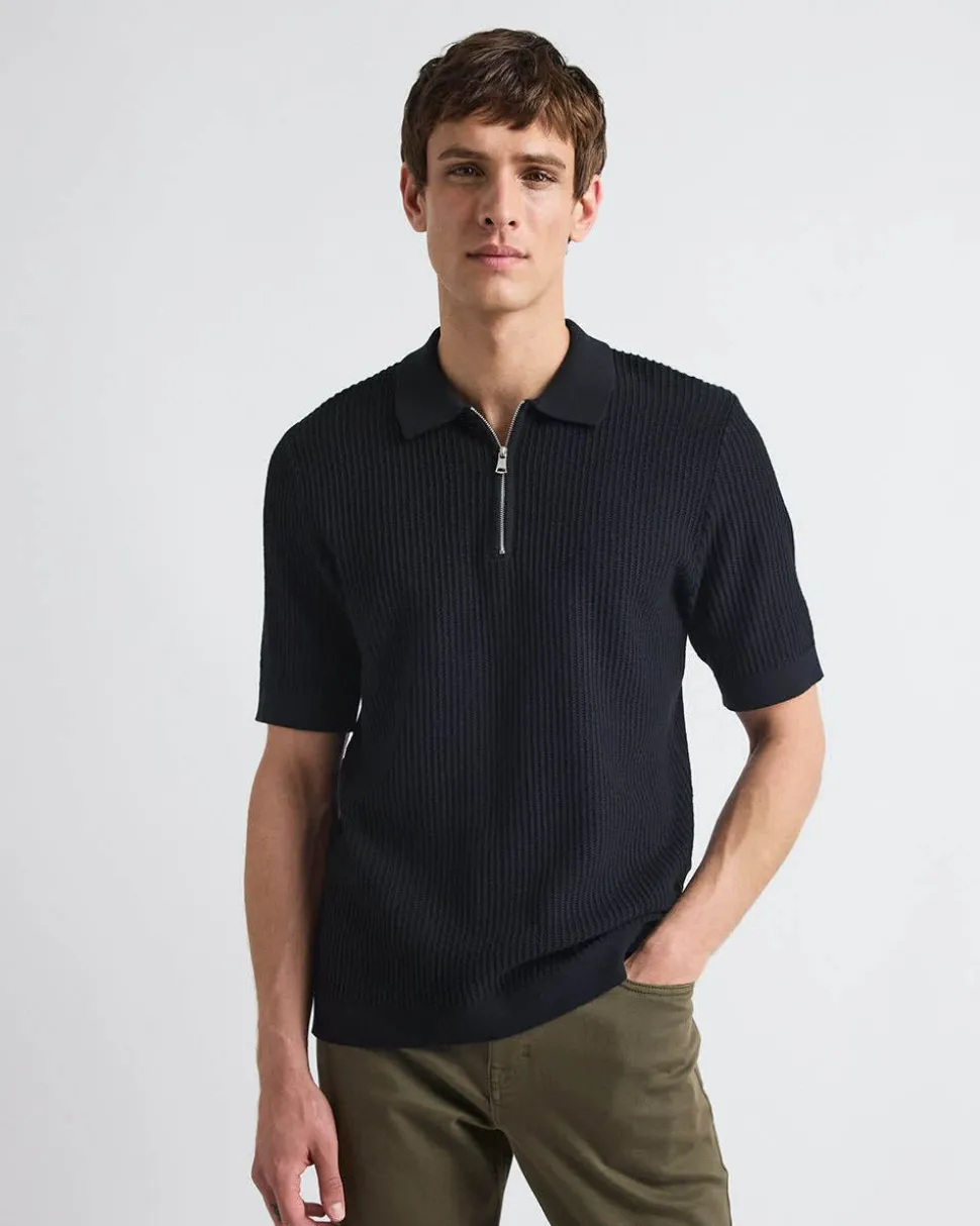 Short-Sleeve Half-Zip Textured Sweater with Shirt Neckline