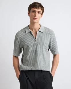 Short-Sleeve Half-Zip Textured Sweater with Shirt Neckline