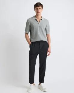 Short-Sleeve Half-Zip Textured Sweater with Shirt Neckline