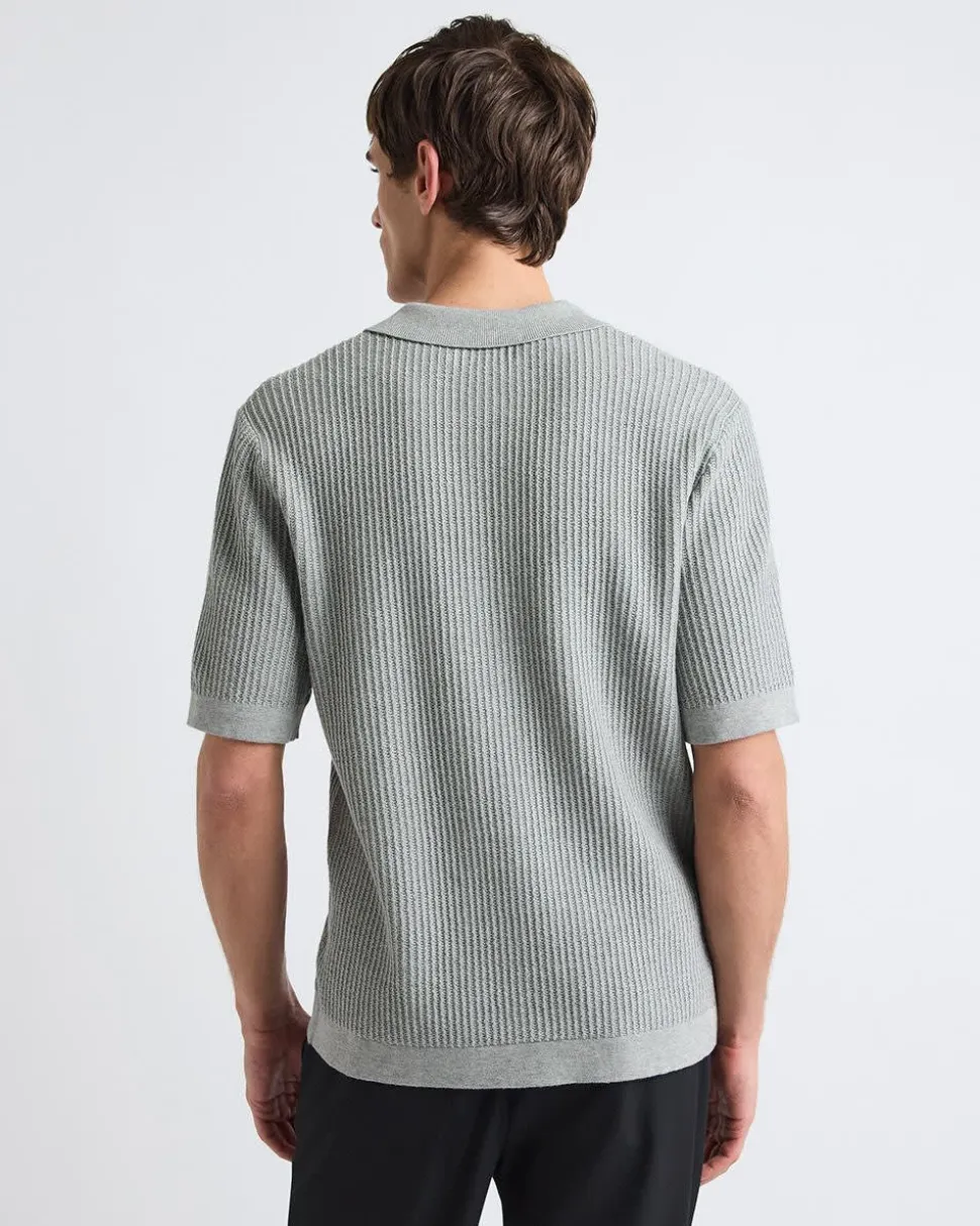Short-Sleeve Half-Zip Textured Sweater with Shirt Neckline