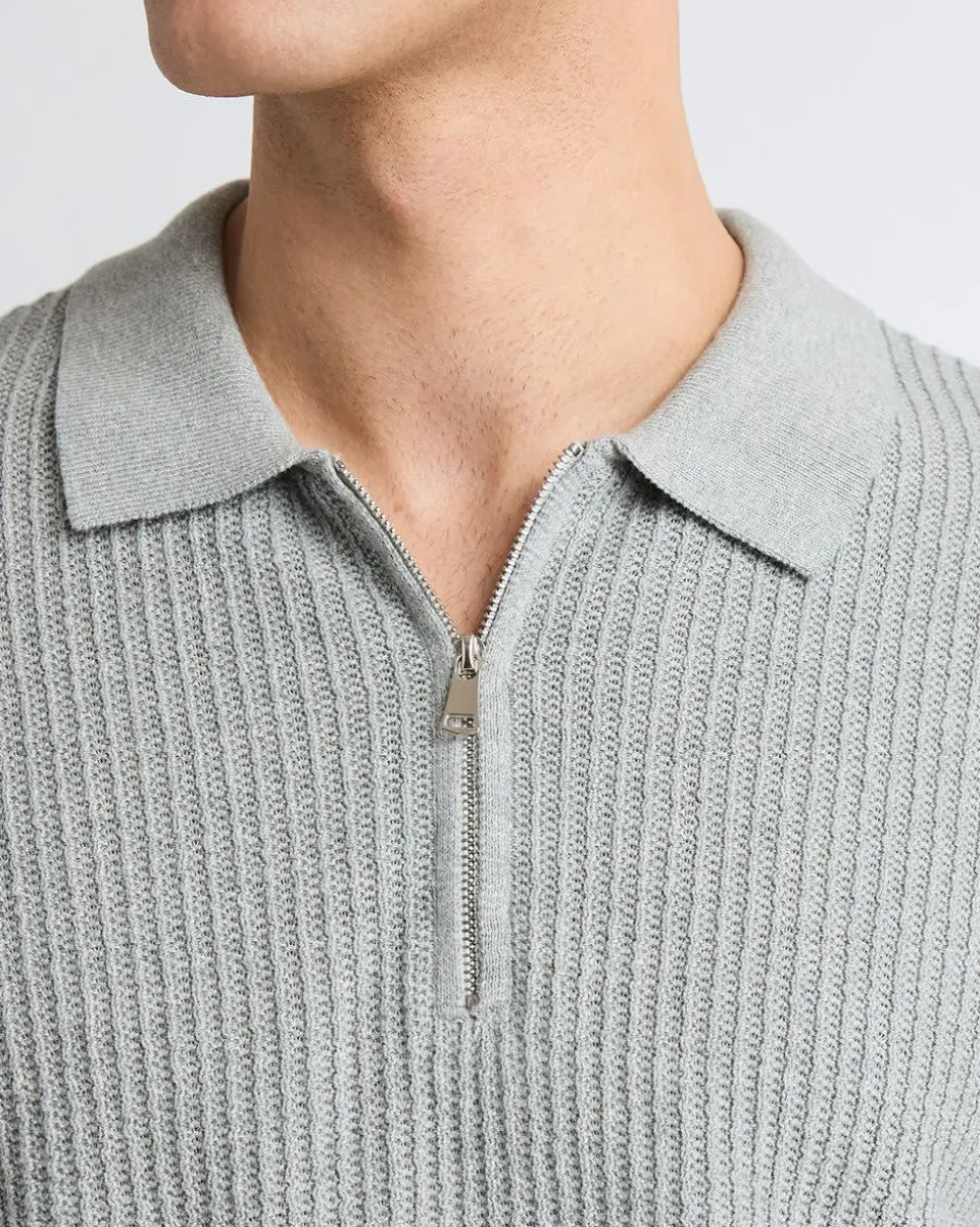Short-Sleeve Half-Zip Textured Sweater with Shirt Neckline