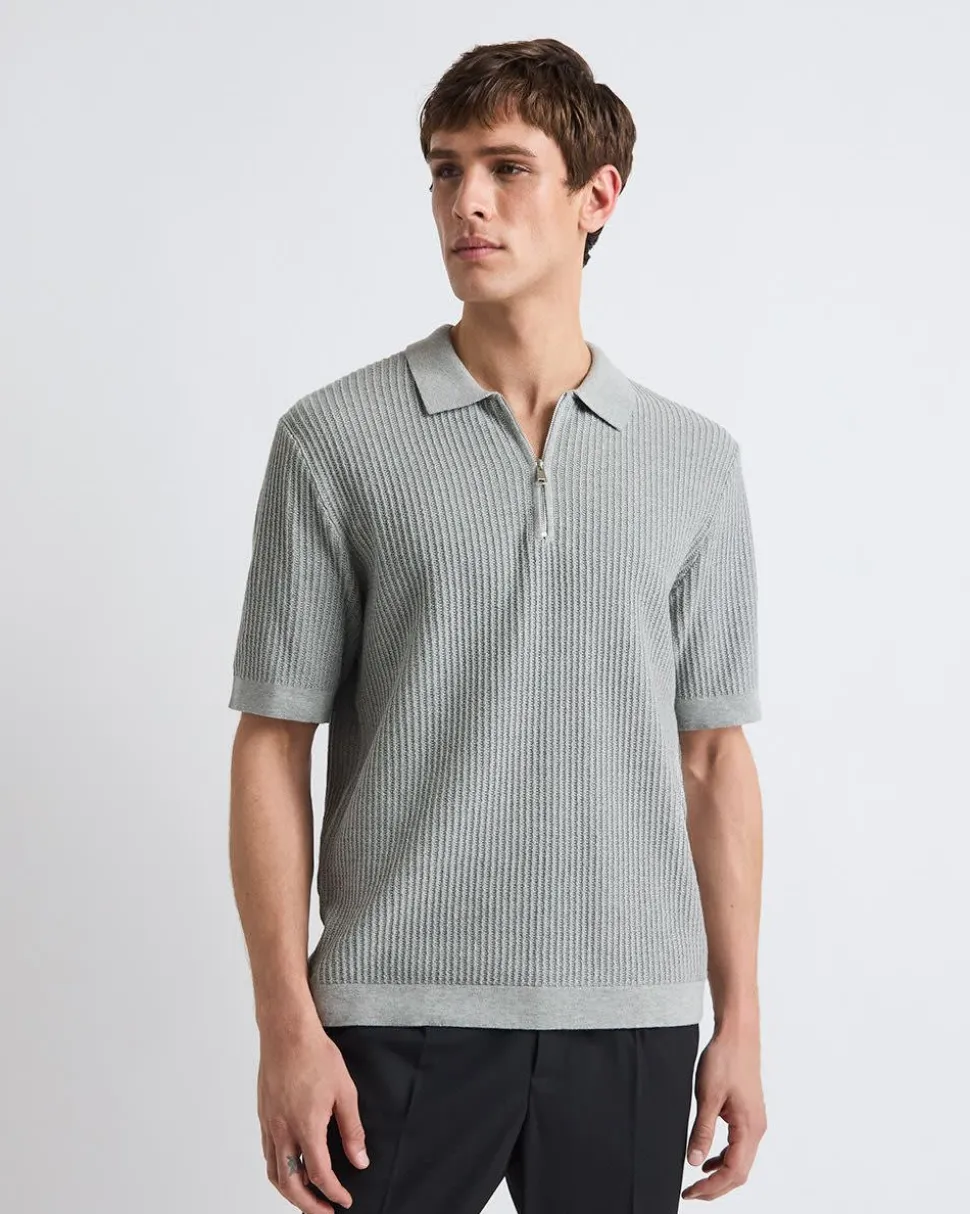 Short-Sleeve Half-Zip Textured Sweater with Shirt Neckline