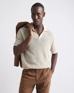 Short-Sleeve Johnny-Collar Sweater with Open Stitches