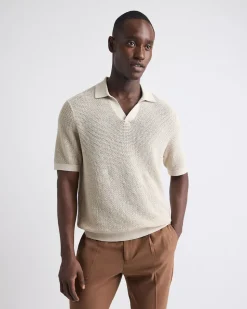 Short-Sleeve Johnny-Collar Sweater with Open Stitches
