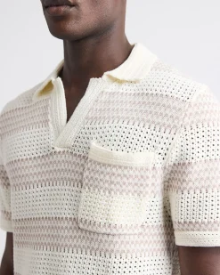 Short-Sleeve Johnny-Collar Polo with Open Stitches