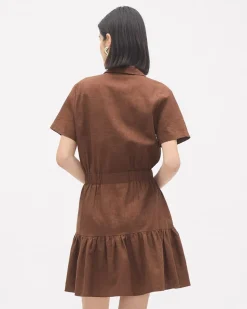 Short-Sleeve Linen Dress with Shirt Collar