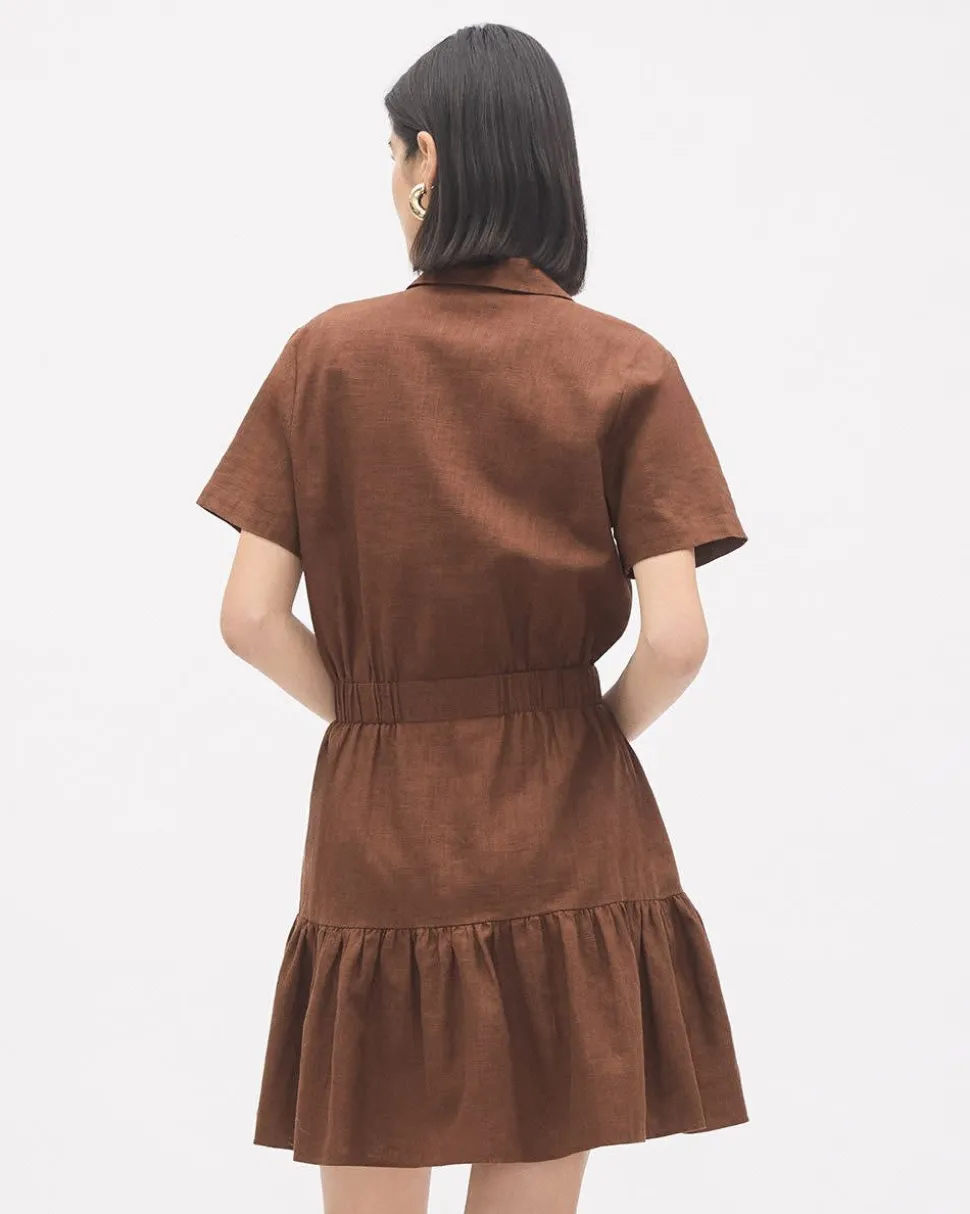 Short-Sleeve Linen Dress with Shirt Collar