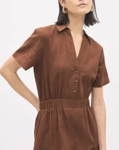 Short-Sleeve Linen Dress with Shirt Collar