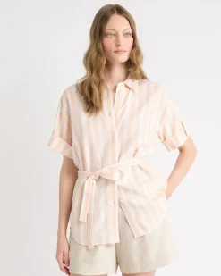 Short-Sleeve Linen-Blend Blouse with Removable Belt