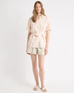 Short-Sleeve Linen-Blend Blouse with Removable Belt