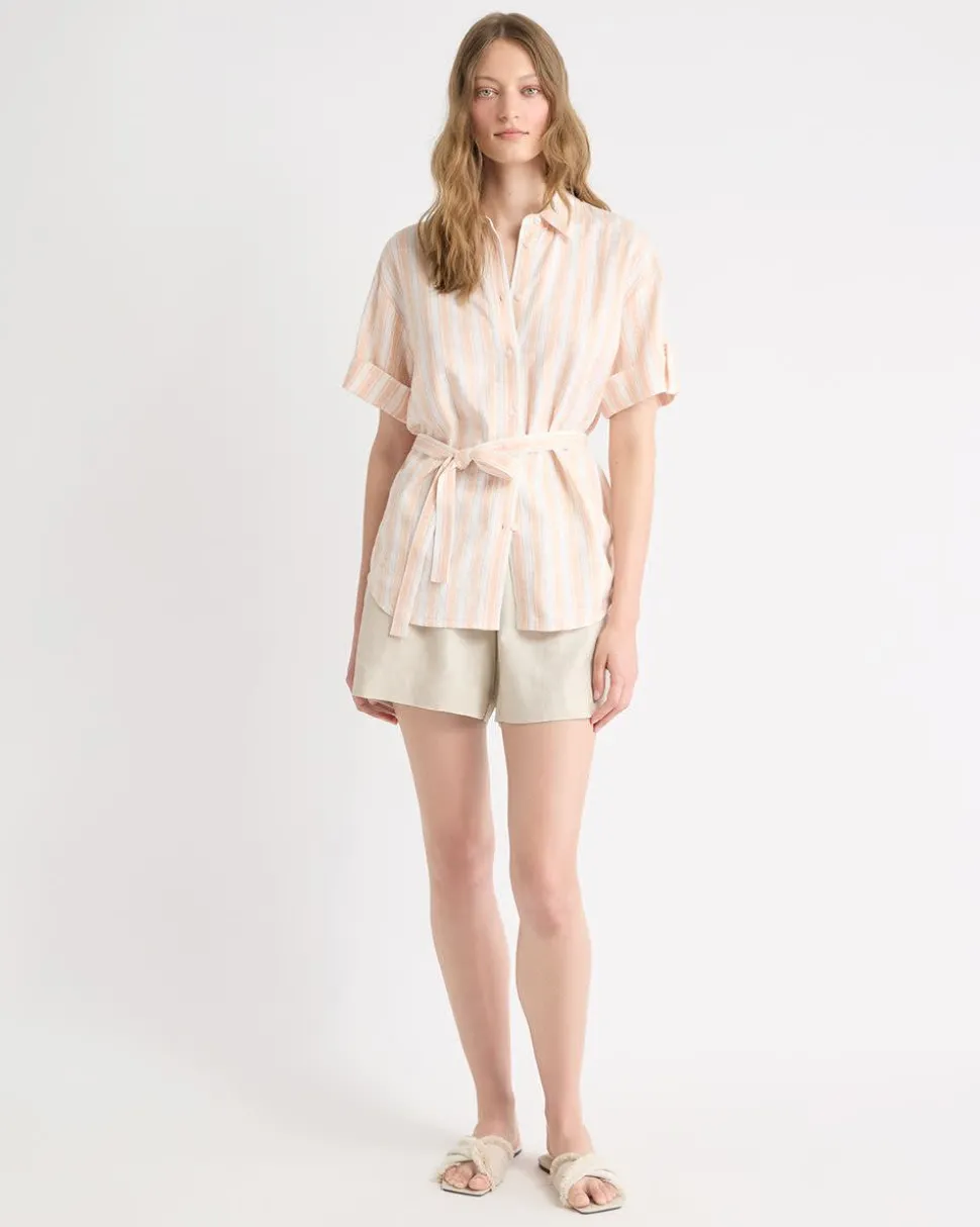 Short-Sleeve Linen-Blend Blouse with Removable Belt
