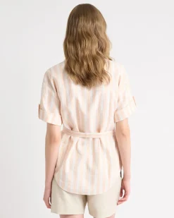 Short-Sleeve Linen-Blend Blouse with Removable Belt