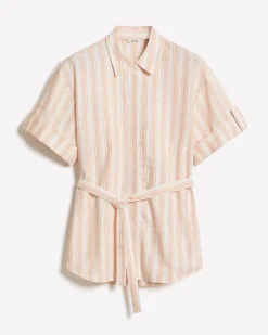 Short-Sleeve Linen-Blend Blouse with Removable Belt