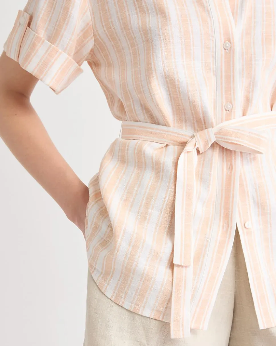 Short-Sleeve Linen-Blend Blouse with Removable Belt