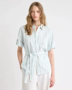 Short-Sleeve Linen-Blend Blouse with Removable Belt