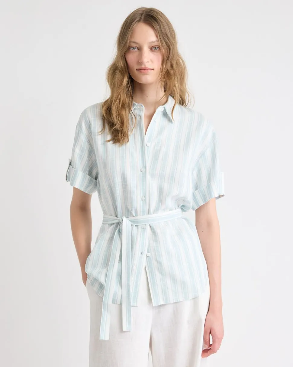 Short-Sleeve Linen-Blend Blouse with Removable Belt