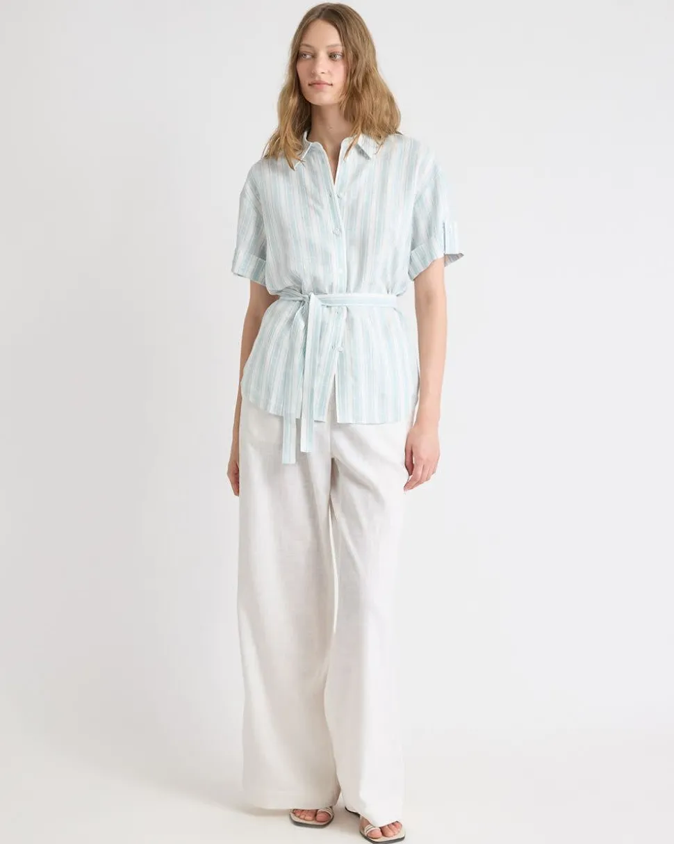 Short-Sleeve Linen-Blend Blouse with Removable Belt