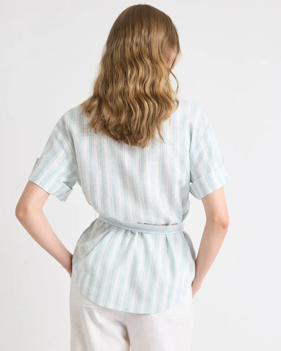 Short-Sleeve Linen-Blend Blouse with Removable Belt