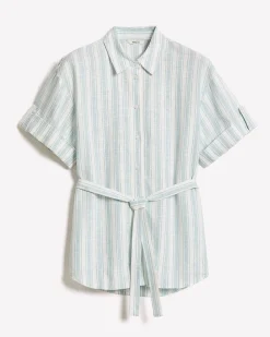 Short-Sleeve Linen-Blend Blouse with Removable Belt