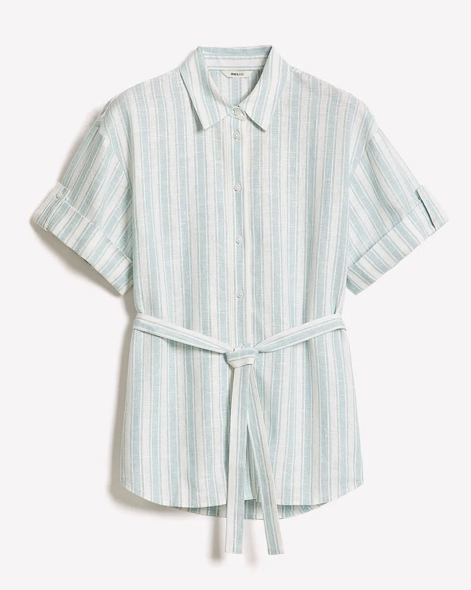 Short-Sleeve Linen-Blend Blouse with Removable Belt