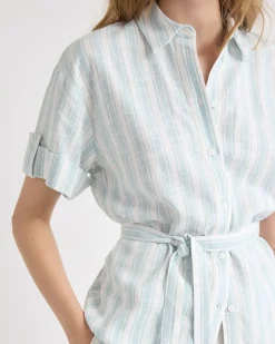 Short-Sleeve Linen-Blend Blouse with Removable Belt