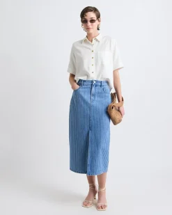 Short-Sleeve Linen-Blend Blouse with Shirt Collar