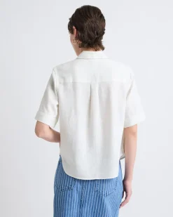Short-Sleeve Linen-Blend Blouse with Shirt Collar