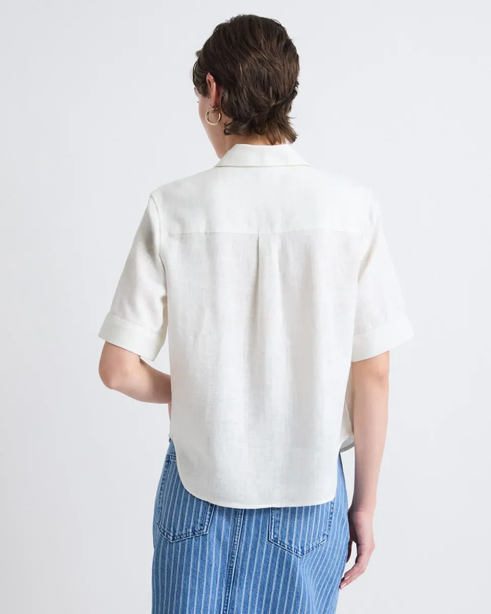 Short-Sleeve Linen-Blend Blouse with Shirt Collar