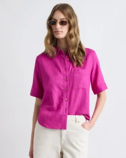 Short-Sleeve Linen-Blend Blouse with Shirt Collar