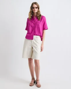 Short-Sleeve Linen-Blend Blouse with Shirt Collar