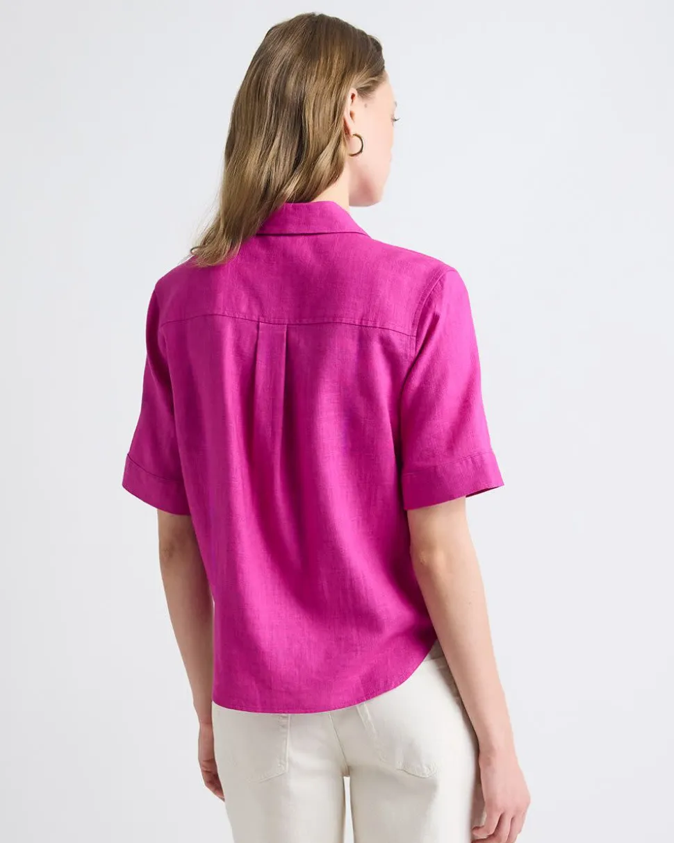 Short-Sleeve Linen-Blend Blouse with Shirt Collar