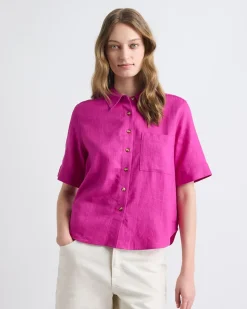 Short-Sleeve Linen-Blend Blouse with Shirt Collar