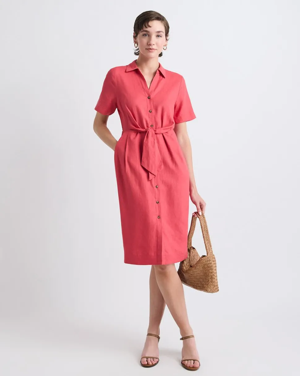 Short-Sleeve Linen-Blend Dress with Shirt Collar