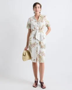 Short-Sleeve Linen-Blend Dress with Shirt Collar