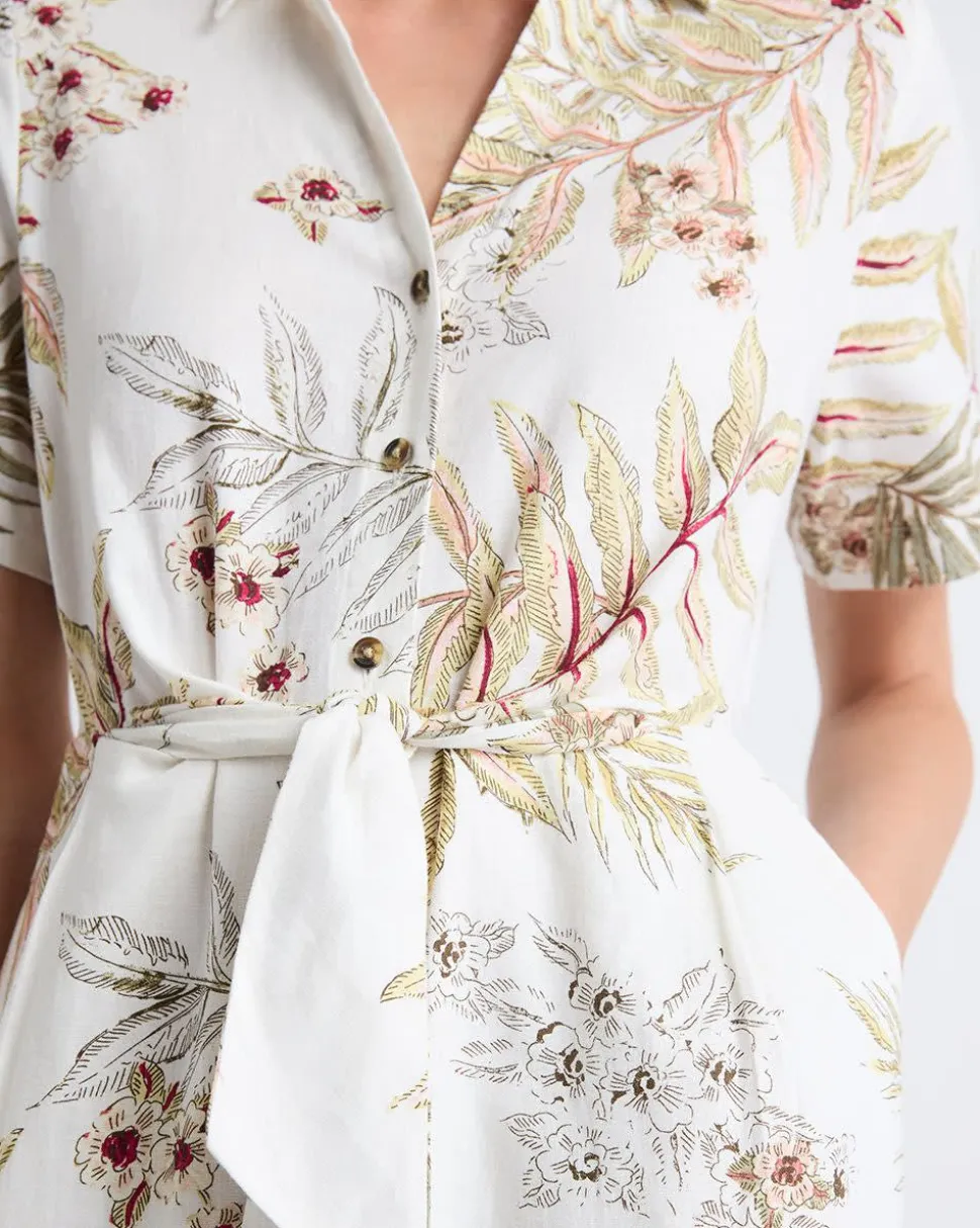 Short-Sleeve Linen-Blend Dress with Shirt Collar