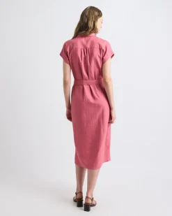 Short-Sleeve Linen-Blend Midi Dress with Shirt Collar