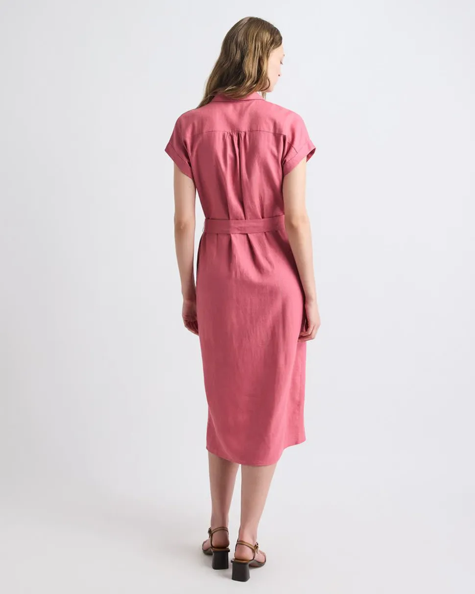 Short-Sleeve Linen-Blend Midi Dress with Shirt Collar