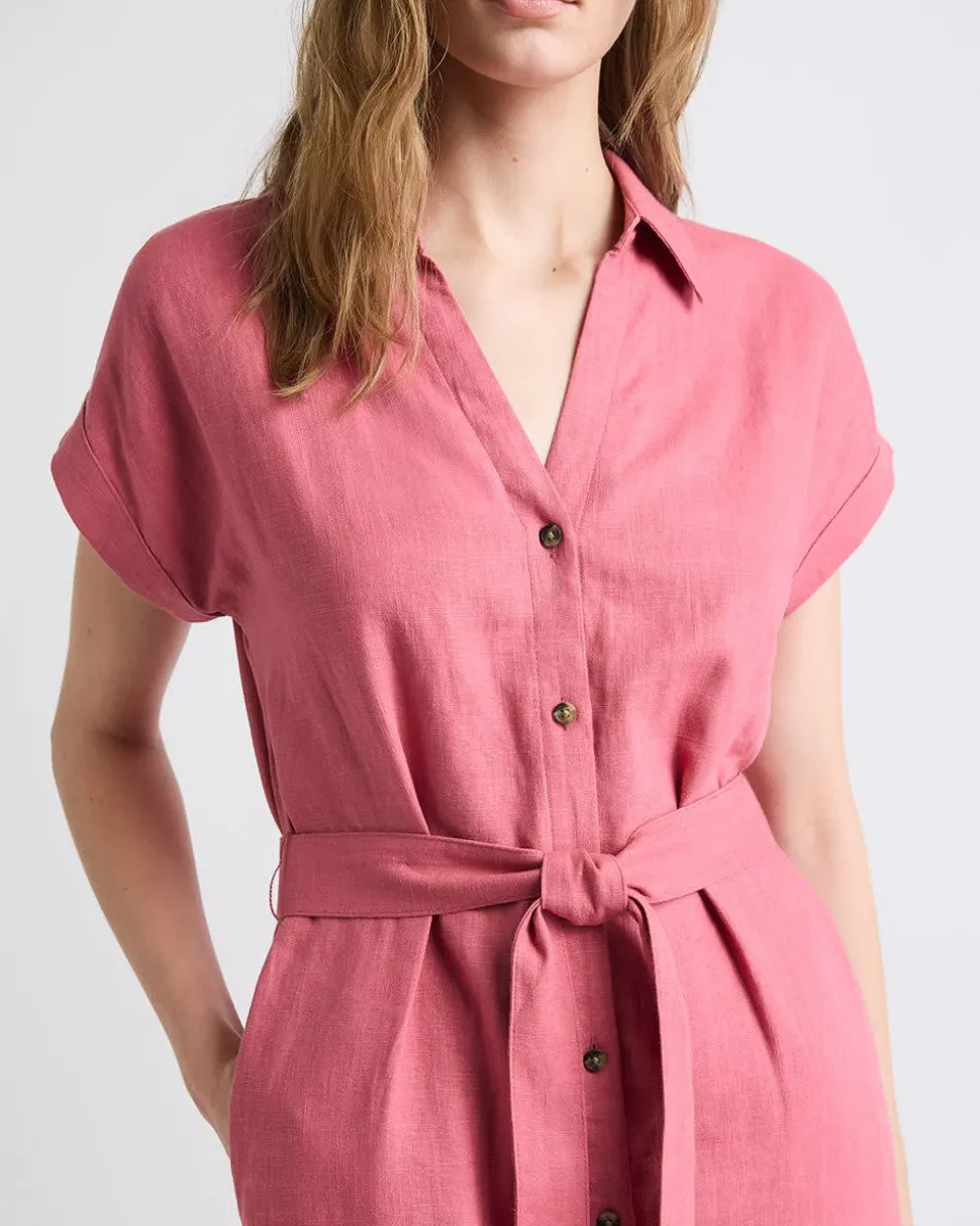 Short-Sleeve Linen-Blend Midi Dress with Shirt Collar